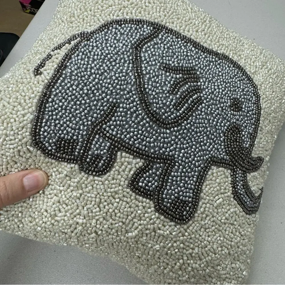 Small Elephant Beaded Accent Pillow Cream & Grey Neutral Decor 11x11